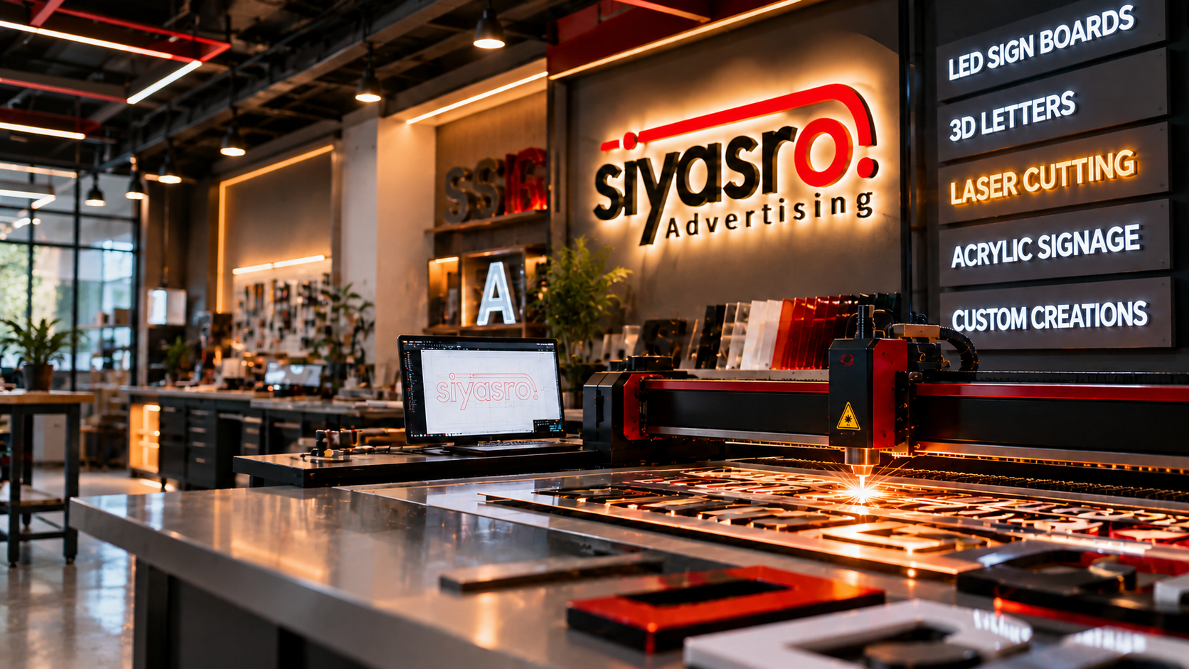 Cinematic Siyasro signage workshop with illuminated lettering and a laser cutting machine